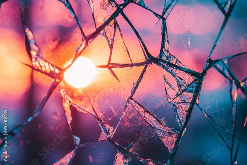 A close-up of a cracked glass reflecting a vivid sunset, with shards of light scattering across the frame