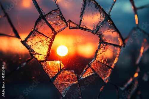 A close-up of a cracked glass reflecting a vivid sunset, with shards of light scattering across the frame