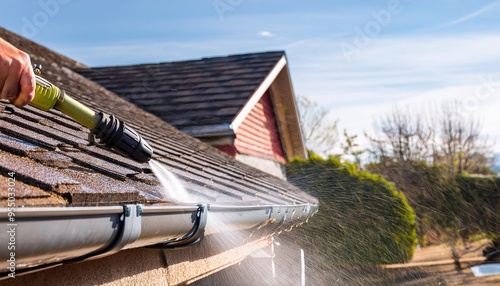 cleaning spring rain gutters with a pressure washer,