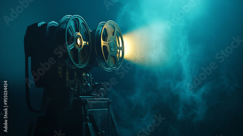 A 3D render of an old film projector with reels, casting light onto a screen in a dark room