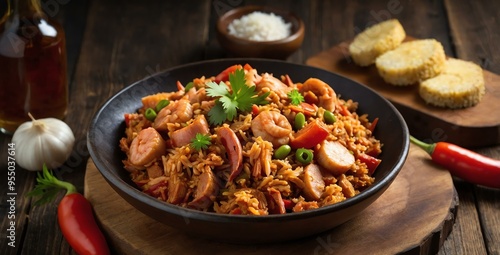 regional american dishes jambalaya louisiana isolated on an aesthetic plate, concept for advertisement