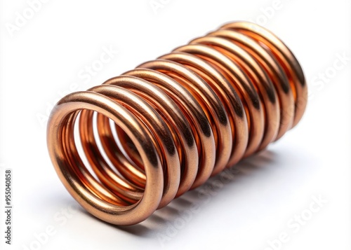 A close-up shot of a tightly wound copper coil spring, showcasing its intricate spiral design and textured metallic surface, isolated on a white background.