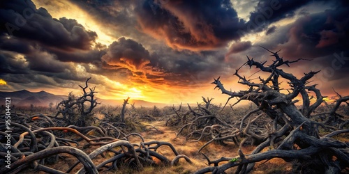 A dark, ominous, and ravaged landscape overrun with twisted, thorny vines, symbolizing the devastating impact of a destructive force or oppressive circumstance.