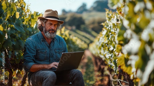 Remote Worker Working on Laptop at Vineyard Surrounded by Grapevines