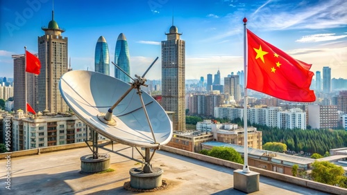 High-tech satellite dish antenna installed on a rooftop in China, surrounded by urban cityscape and communist flags, symbolizing modern technology and national pride.