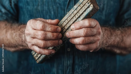 A close-up of hands holding a vintage metal tool, showcasing craftsmanship and attention to detail in a rustic setting.