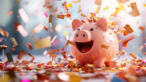 A cheerful piggy bank surrounded by colorful confetti, symbolizing savings and celebration.