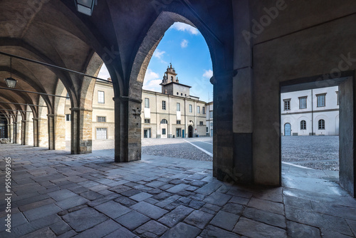 Archway at Piazza Cittadella square in Bergamo Upper City, Italy, Europe.