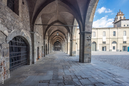 Archway at Piazza Cittadella square in Bergamo Upper City, Italy, Europe.