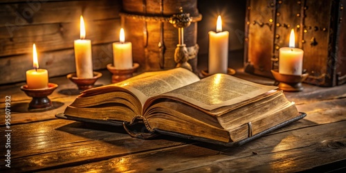 A worn, leather-bound holy book lies open on a wooden desk, its yellowed pages revealing ancient scriptures, surrounded by candles and a serene atmosphere.