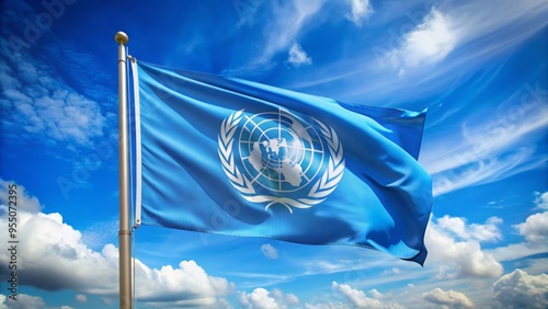 Official blue and white flag of the United Nations waving proudly in the wind, symbolizing international cooperation, peace, and unity among nations worldwide.