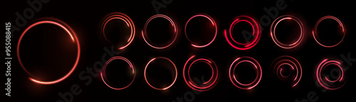 Curve light effect of red line. Twirl line curve light effect. Abstract ring background with glowing swirled background. Round frame. Red line curve light effect. Glowing red circle portal, platform.