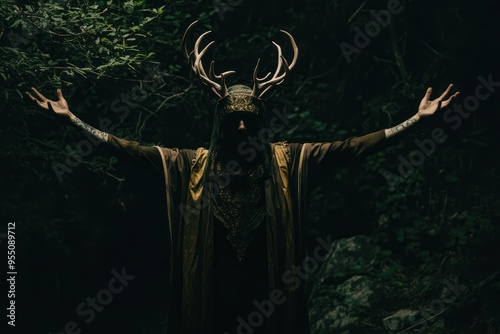 Person with antlers, mystical attire in dark forest, enthralled.