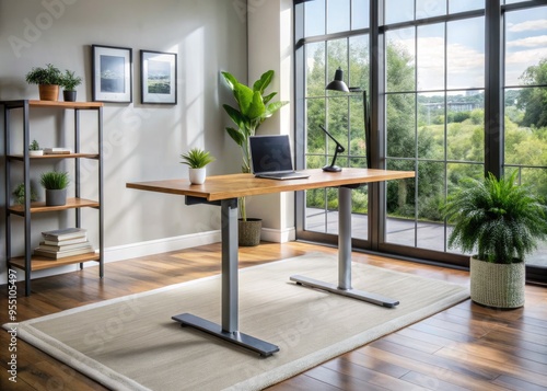 Modern Adjustable Desk In A Home Office Setting, Offering Flexible Height Options For Comfortable Sitting And Standing Work.