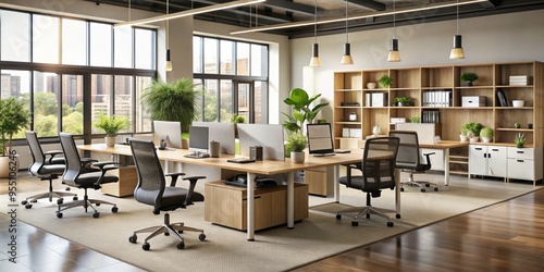 Modern corporate office interior with sleek desks, ergonomic chairs, and shelves, set against a neutral background in a bustling Indianapolis, Indiana, office furniture store.