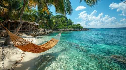 Serene Relaxation in a Hammock on a Tropical Island Paradise with Clear Turquoise Waters and Swaying Palm Trees