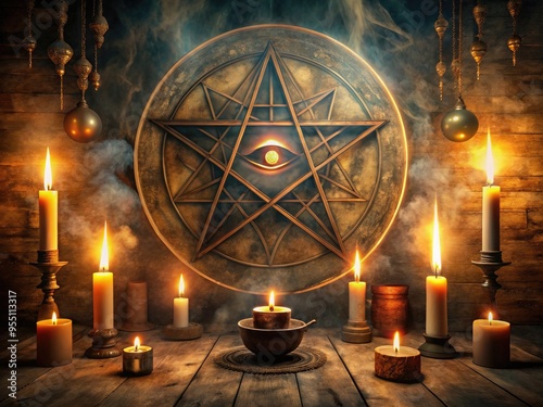 Mystical illustration featuring ancient occult symbols, including the All-Seeing Eye, pentagram, and crescent moon, surrounded by subtle mist and eerie candlelight ambiance.