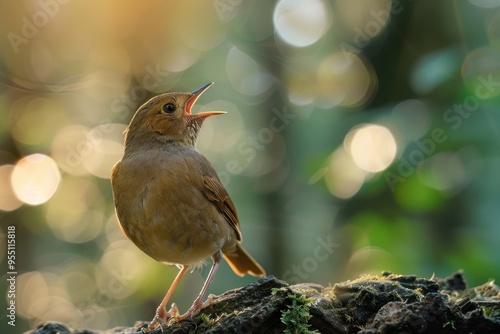 A striking image of a common nightingale singing at dusk, with a softly lit forest background.