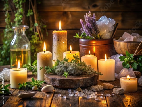 Serene, dimly-lit room with candles, herbs, and crystals surrounding a gentle-handed practitioner, evoking a sense of calm and holistic wellness.