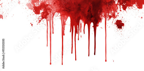 Red blood or paint flowing down on transparent background. Halloween, murder and horror concept. Red ink splash, splatter and stain.