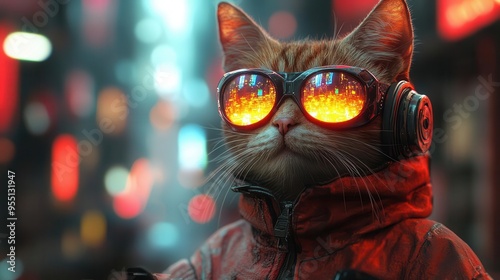 cyberpunk feline robotic cat with neon accents holographic sunglasses perched on hover car futuristic megacity backdrop