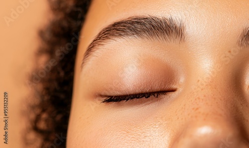 close-up of a woman's eyelid with freckles, representing relaxation, inner peace, and self-care, promoting mental wellness and mindfulness - perfect for wellness websites, blogs, and social media.