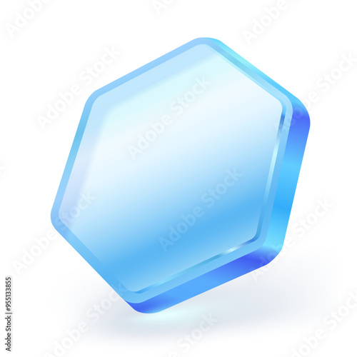 Hexagon blue glass shape. Polygon glossy transparent element isolated on white background. Vector illustration file.