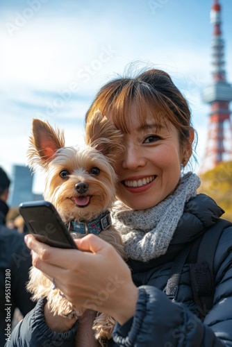 A Japanese woman holding her small dog in her arms while taking a selfie in front of a famous city landmark. Both are smiling for the camera.