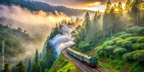 Vibrant colorful kt train zipping through lush green forest surrounded by towering trees with misty fog rolling in on a serene sunny morning.