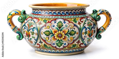 Vibrant, hand-painted Italian ceramic vase with intricate designs and ornate handles, set against a soft, white background, evoking traditional Mediterranean home decor.