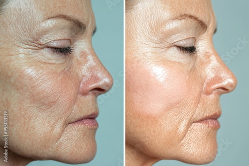 Side-by-side images of a person’s skin before and after a skincare treatment, highlighting the reduction of wrinkles and improved complexion