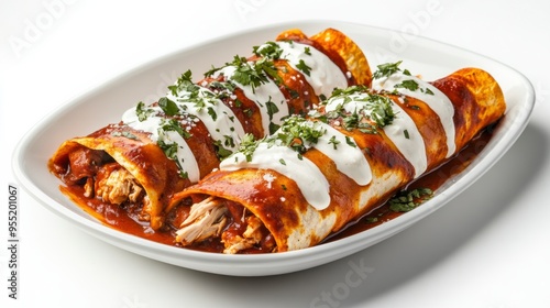 Delicious enchiladas topped with sour cream and fresh herbs, served on a stylish plate. Perfect for food photography and culinary art.