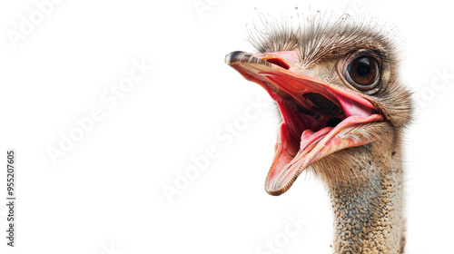 Close-up ostrich's head screaming on transparent