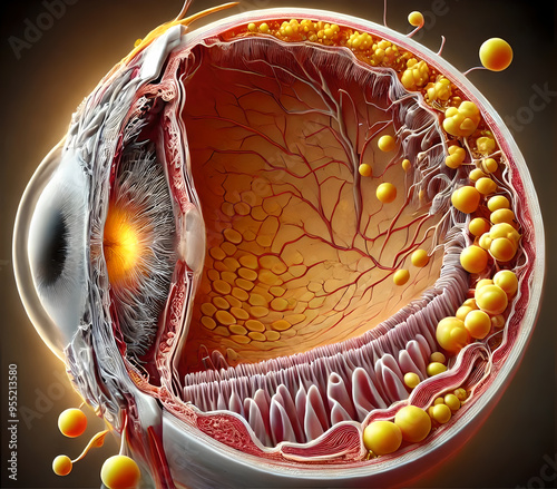 3D Age-related macular degeneration (AMD) in the human eye, focusing on the central portion of the retina where the degeneration occurs. accumulation of drusen (yellow deposits) under the retina.