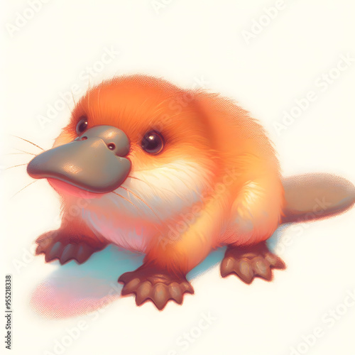 흰 배경, 오리너구리, 파스텔화 (white background, platypus, pastel painting)