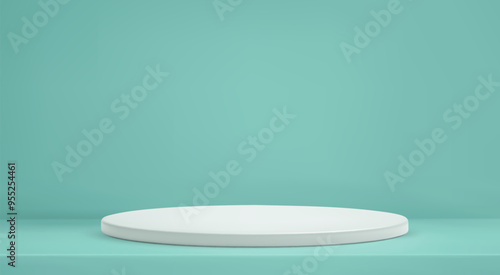 3d abstract mint studio room background. Turquoise empty gradient wall and white podium backdrop. Product minimal interior mockup. Scene for product presentation. Vector illustration.