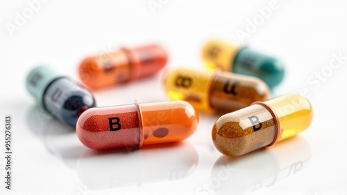 Multicolored Vitamin B Capsules on White Background. Generative image Ai