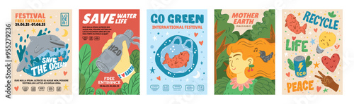 Earth posters. Green eco day. Environmental design icons for cover. Forest protection. Save ocean life. CO2 emission. Plastic pollution. Garbage recycle. Vector ecological banners set