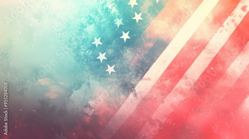 Patriotic American Flag Art Banner with Pastel Background and Starburst Effects