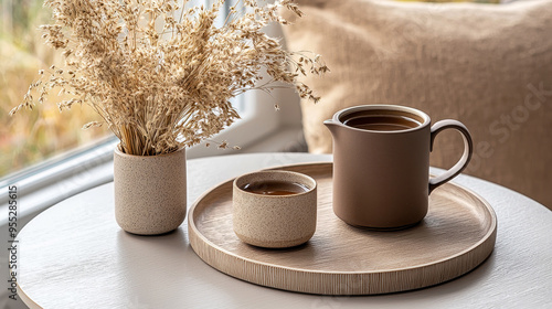 A cozy setting featuring a rustic cup, pitcher, and dried flowers on a wooden tray, enhancing a warm and inviting atmosphere.