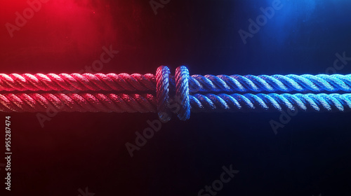 Close-up of red and blue ropes tied together, symbolizing political tension, conflict, and the connection between opposing ideologies in US politics.