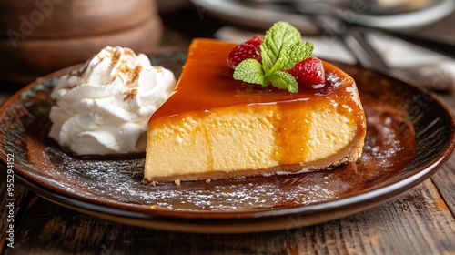 A traditional Spanish flan with a golden caramel top, served on a rustic ceramic plate with a side of whipped cream