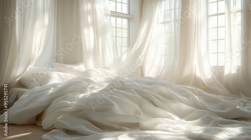 ethereal bedroom scene with billowing white curtains and rumpled sheets bathed in soft dreamy light creating an intimate atmosphere