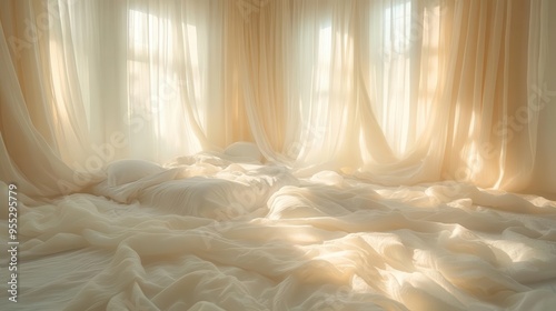 ethereal bedroom scene with billowing white curtains and rumpled sheets bathed in soft dreamy light creating an intimate atmosphere