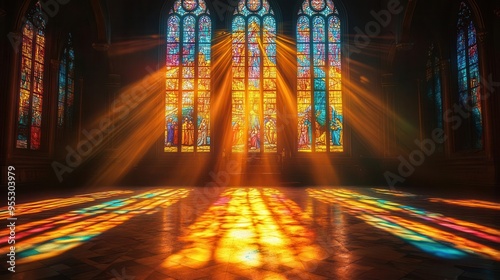 ethereal stained glass window depicting religious scene rays of golden light filter through intricate patterns casting colorful shadows in serene cathedral interior