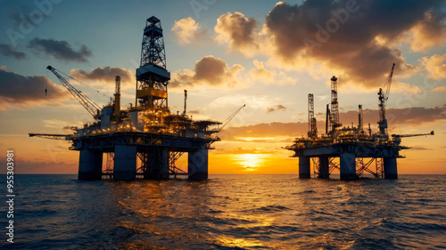 An offshore oil rig silhouetted against a stunning sunset with vibrant clouds, symbolizing energy and industrial might