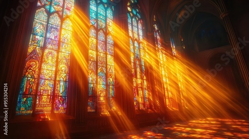 ethereal stained glass window depicting religious scene rays of golden light filter through intricate patterns casting colorful shadows in serene cathedral interior