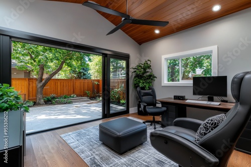 Garage space conversion is captured in a realistic photo of a garage transformed into a home office or living space, complete with modern amenities