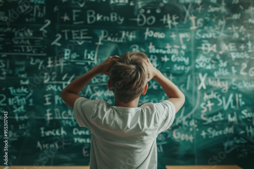 Overwhelmed student in front of complex math problems on chalkboard