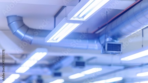 Modern industrial interior with fluorescent lighting and ventilation system